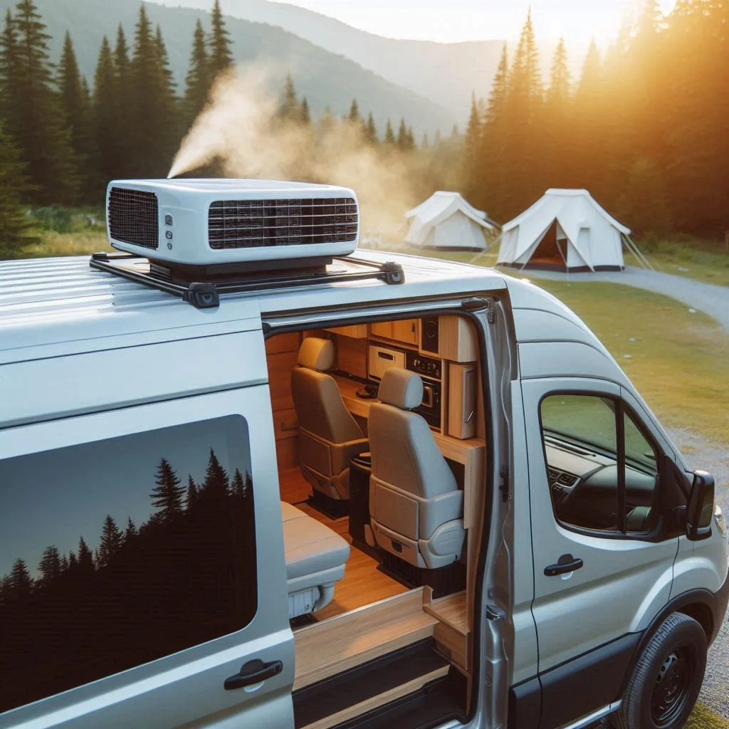 A camper van parked outdoors, showcasing a rooftop air conditioner in action, with cold air flowing inside.