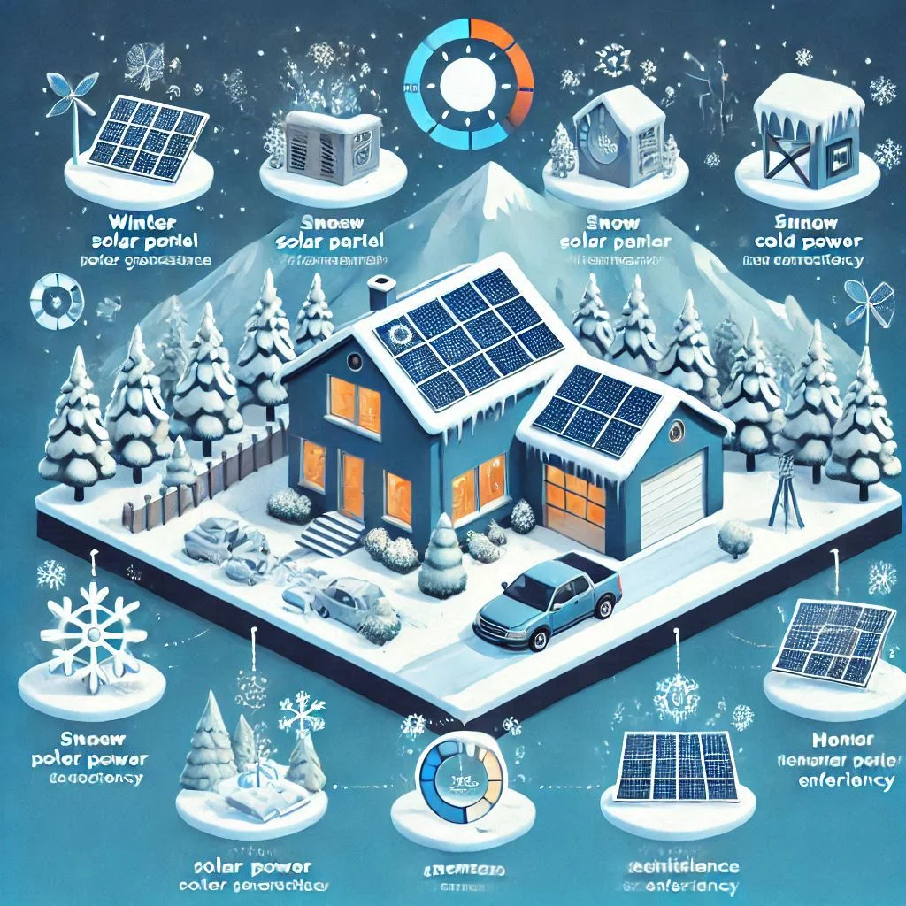 "Winter solar panel performance infographic, showing how snow and cold weather affect solar power generation and how maintenance helps maximize efficiency."