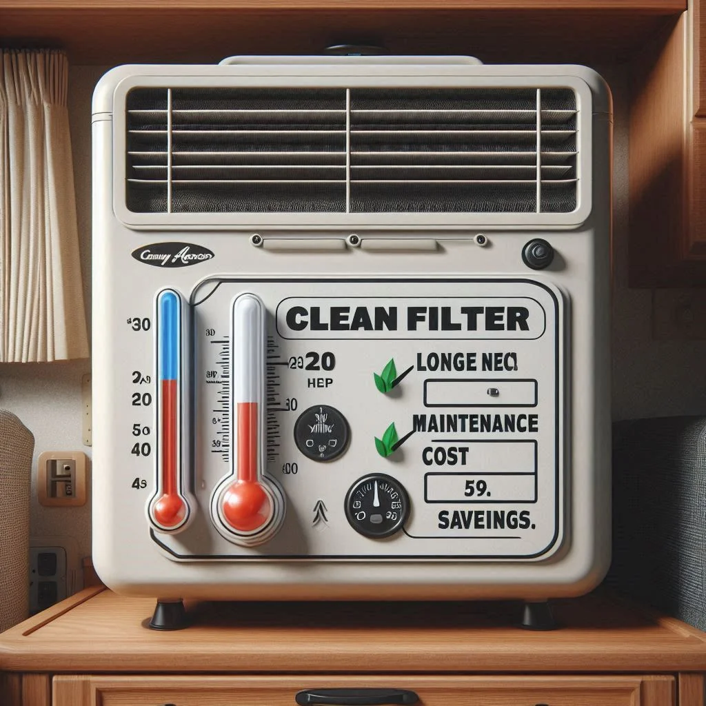 An RV air conditioner unit labeled with "Clean Filter" and "Longevity," showing a thermometer reading optimal temperatures and maintenance cost savings.