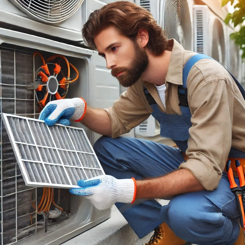 "A professional HVAC technician performing maintenance on an air conditioning unit, focusing on cleaning filters and inspecting coils."