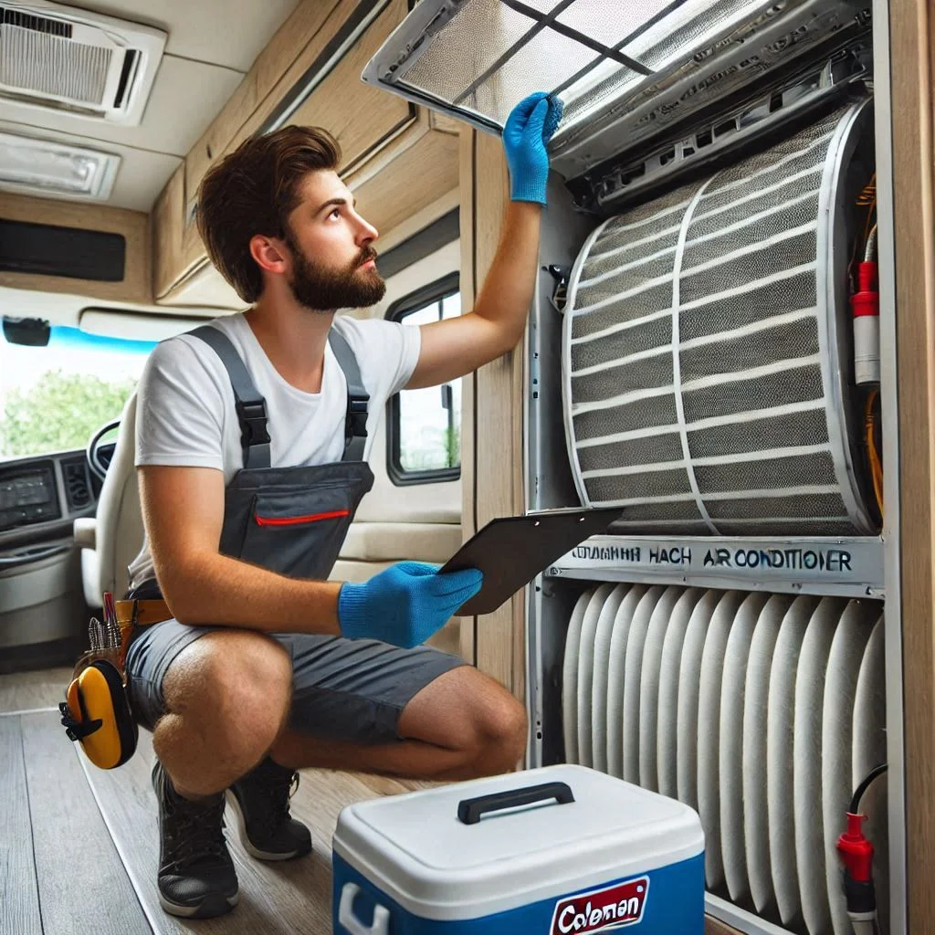 "A technician cleaning the air filter and inspecting the coils of a Coleman Mach RV air conditioner."