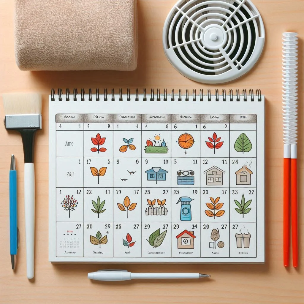 A calendar marked with seasonal cleaning reminders, paired with an air vent illustration.