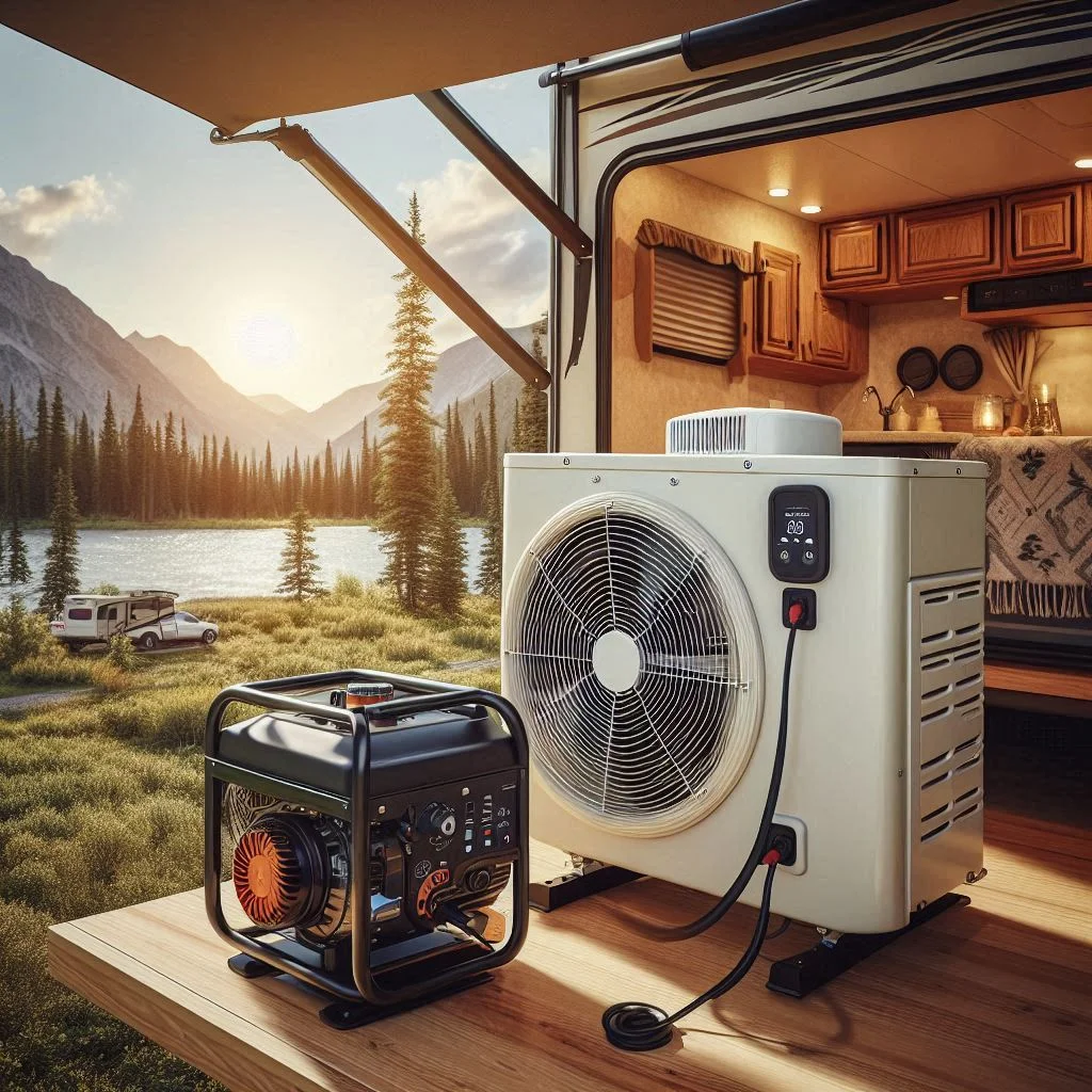 An RV air conditioner with a soft start kit installed, connected to a portable generator in a scenic campground setting.