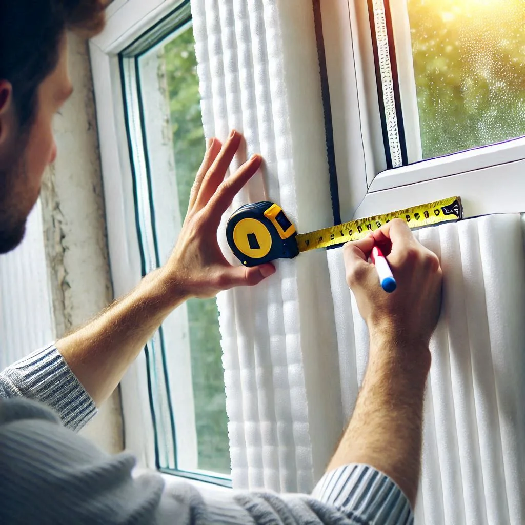 A person measuring the window frame with a tape measure and marking the polystyrene board with a marker.