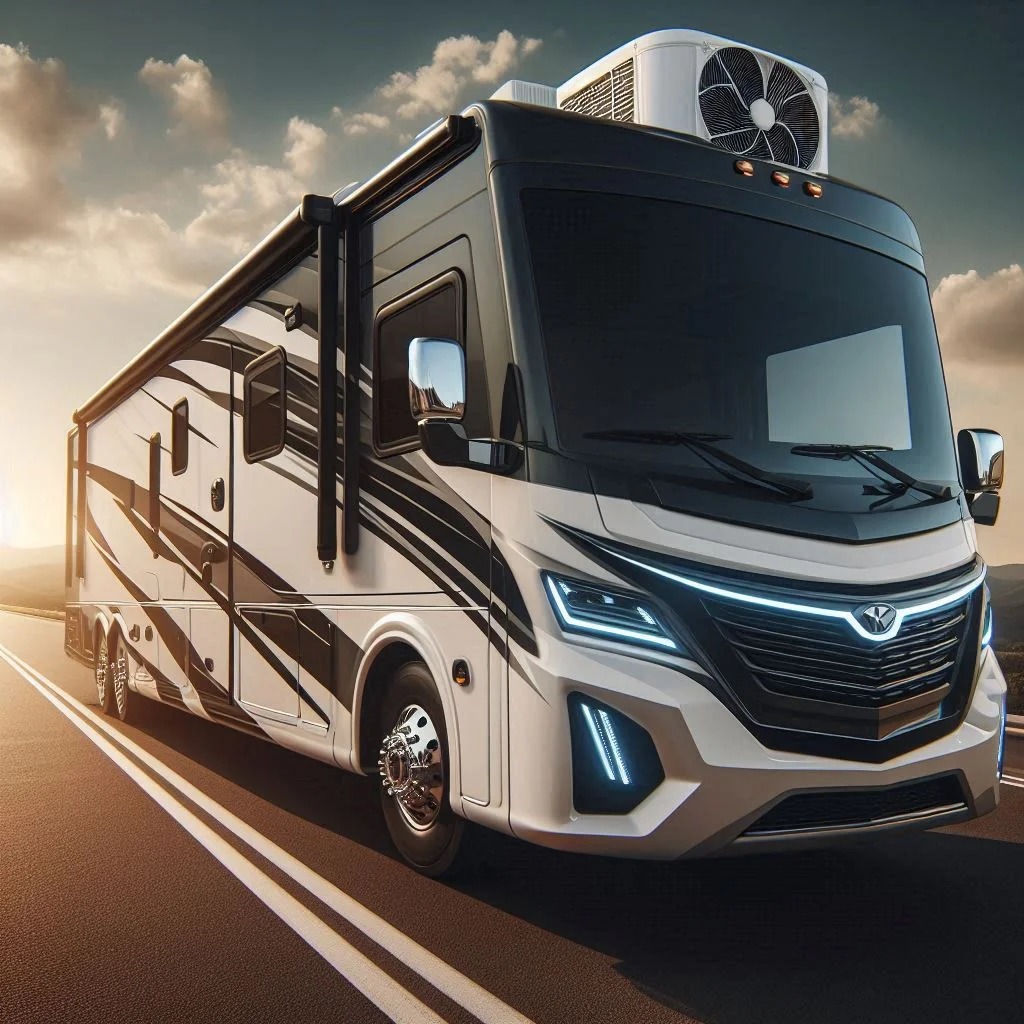 A stylish RV exterior featuring the air conditioner installed on the roof, with sleek lines and a polished finish that adds to the RV’s modern appeal.