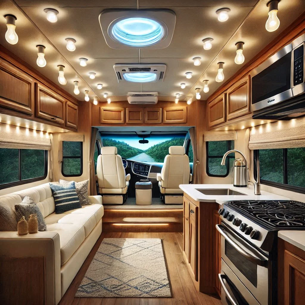 "Interior of an RV with all lights switched to LED bulbs, creating a bright, efficient, and cool environment. The LED lights are visible in the kitchen and living area, reducing heat."