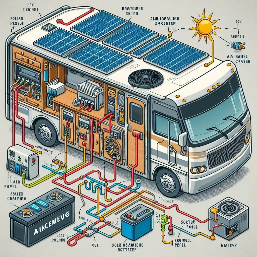 "A labeled diagram of a 12V air conditioning system in an RV, highlighting its connection to a solar panel, battery, and control unit."