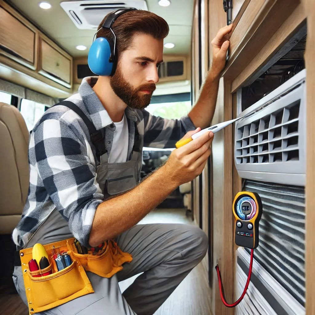 "An image showing a technician inspecting an RV air conditioner for common issues such as clogged filters or low refrigerant. The technician is using a thermometer to check the cooling performance inside the RV."