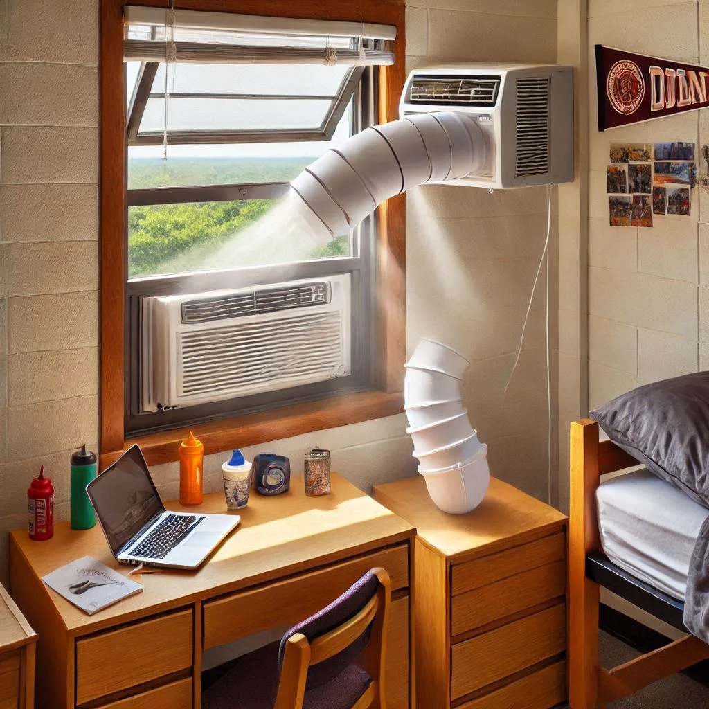 "Image showing the installation of a portable air conditioner venting out of a dorm room window with a vent kit attached."