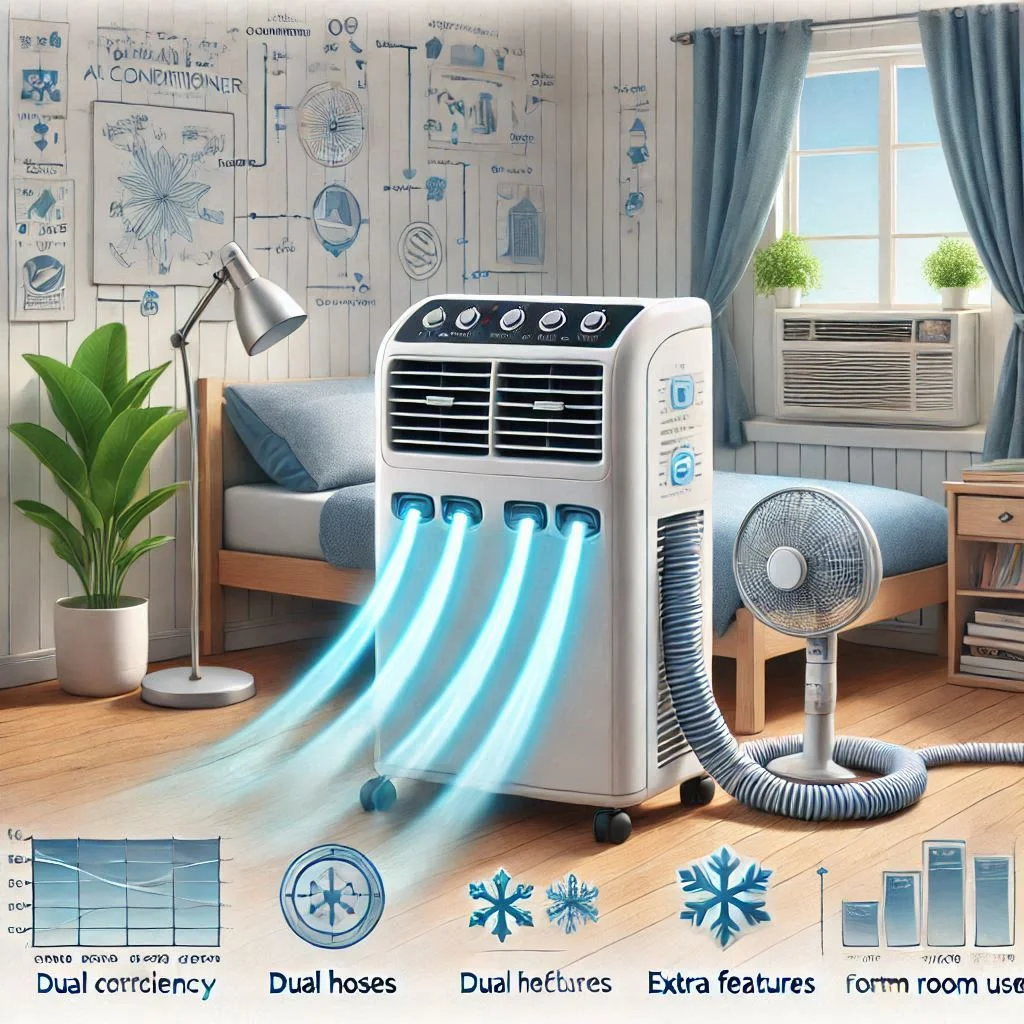 "Image of a portable air conditioner with dual hoses, highlighting the cooling efficiency and extra features for dorm room use."