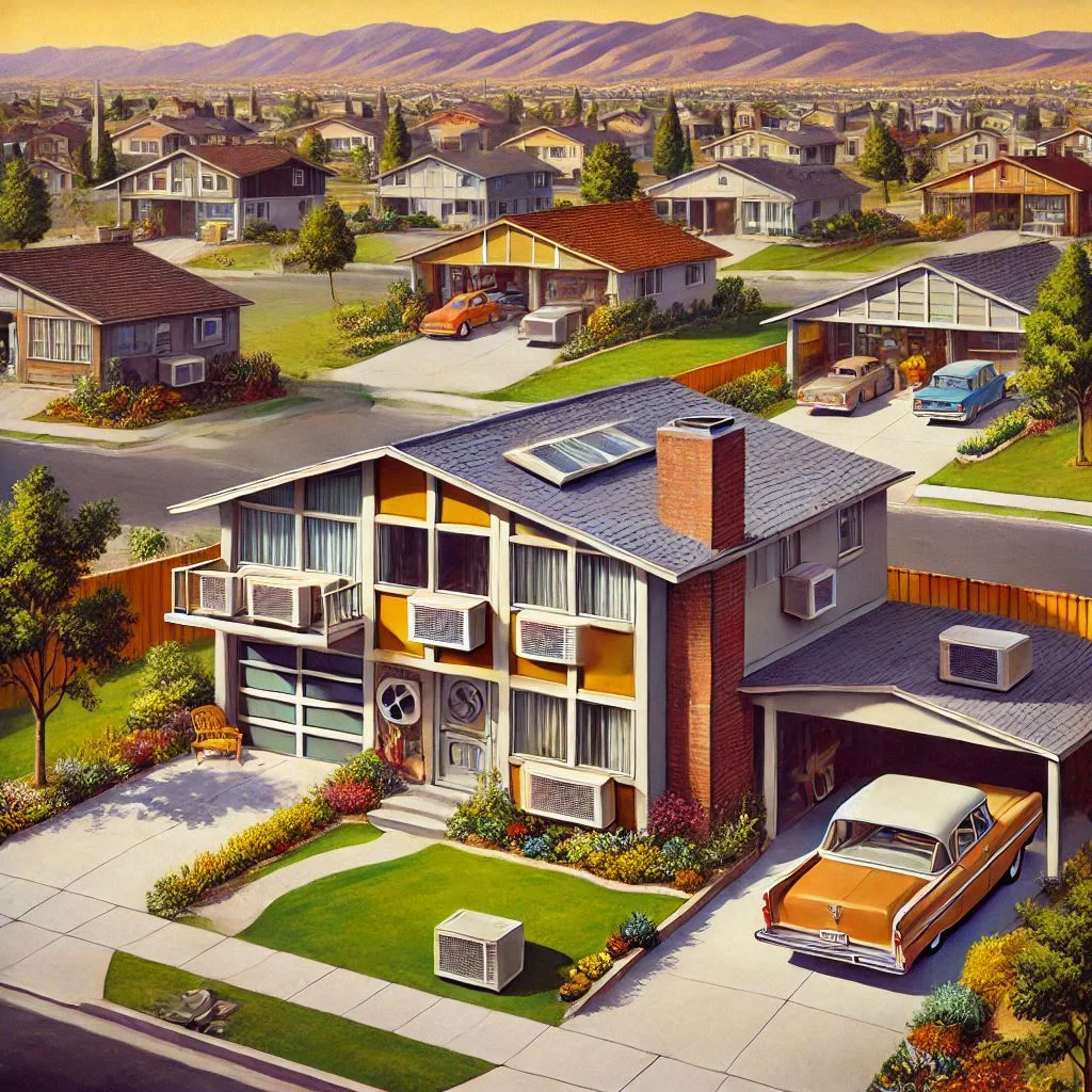 A 1960s suburban neighborhood with houses featuring air conditioning units, illustrating the rise of suburban living enabled by air conditioning technology.