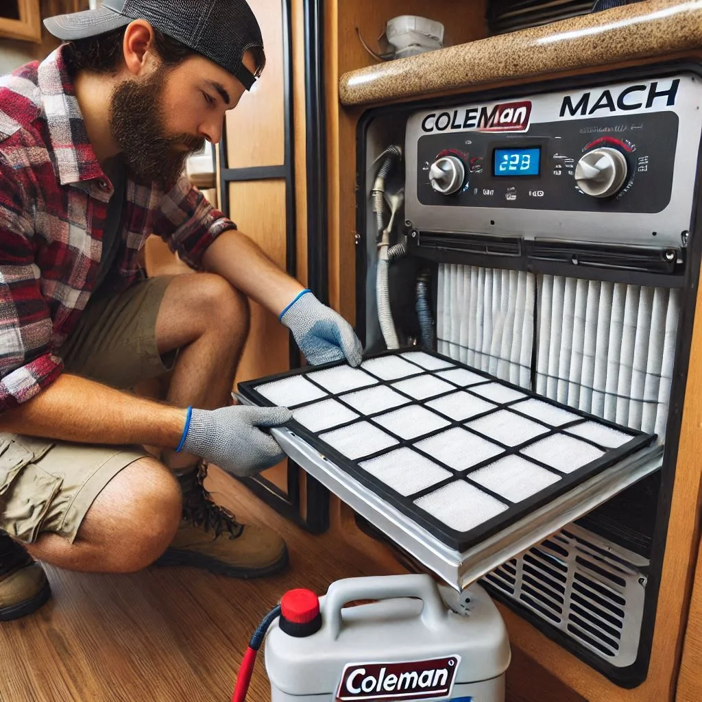 “Close-up image of a technician cleaning the air filter of a Coleman Mach RV air conditioner.”