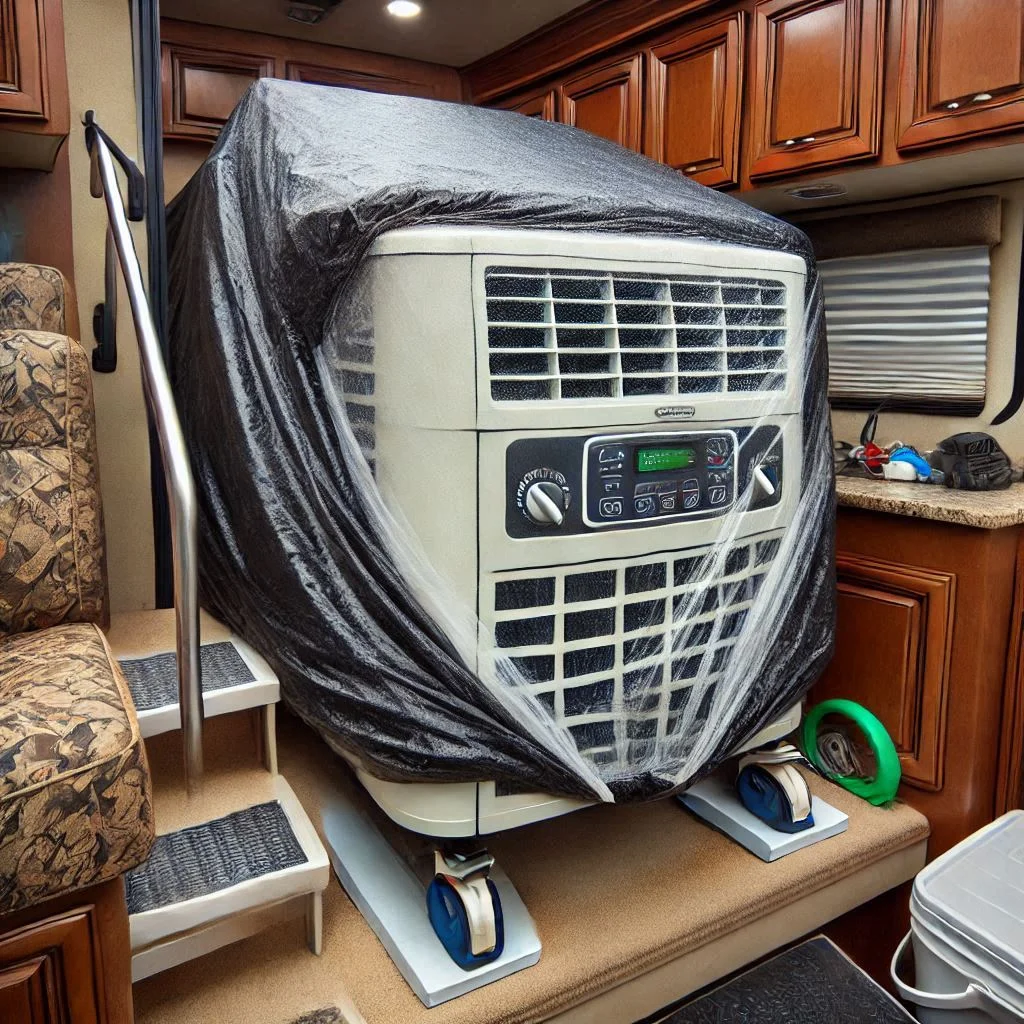 "RV air conditioner with a protective cover installed during winter storage, protecting the unit from snow, rain, and debris."