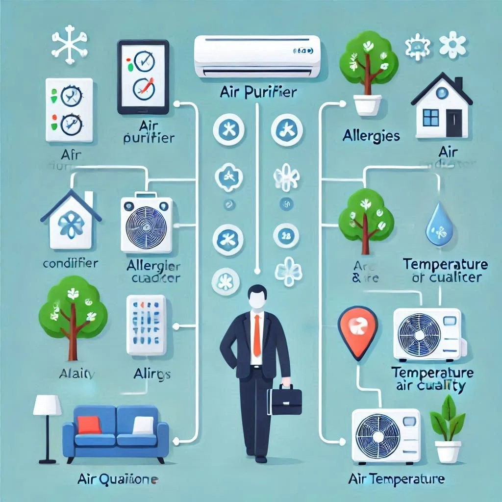 "A decision tree showing factors to consider when choosing between an air purifier and an air conditioner, with icons for allergies, temperature control, and air quality."