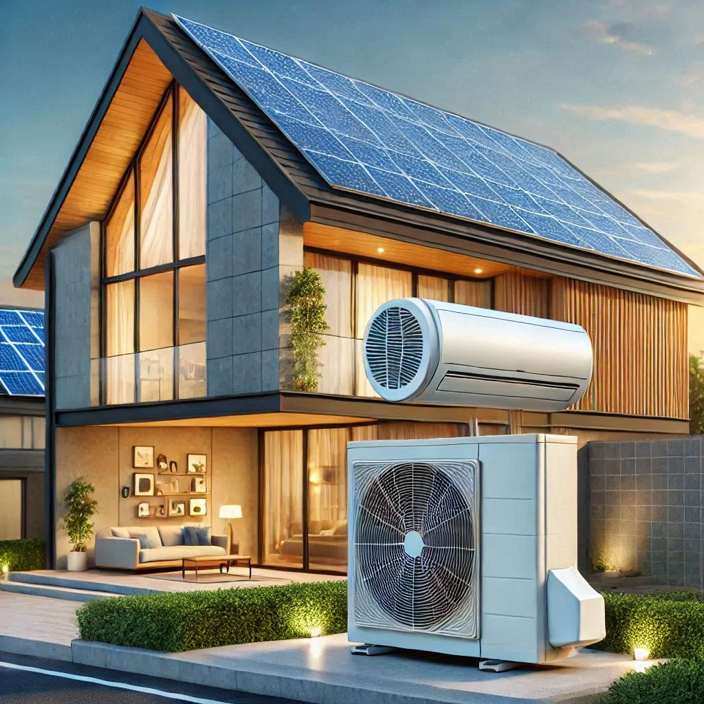 A solar-powered air conditioning unit installed on the roof of a modern home, with solar panels in the background, highlighting the future of energy-efficient, sustainable cooling solutions.