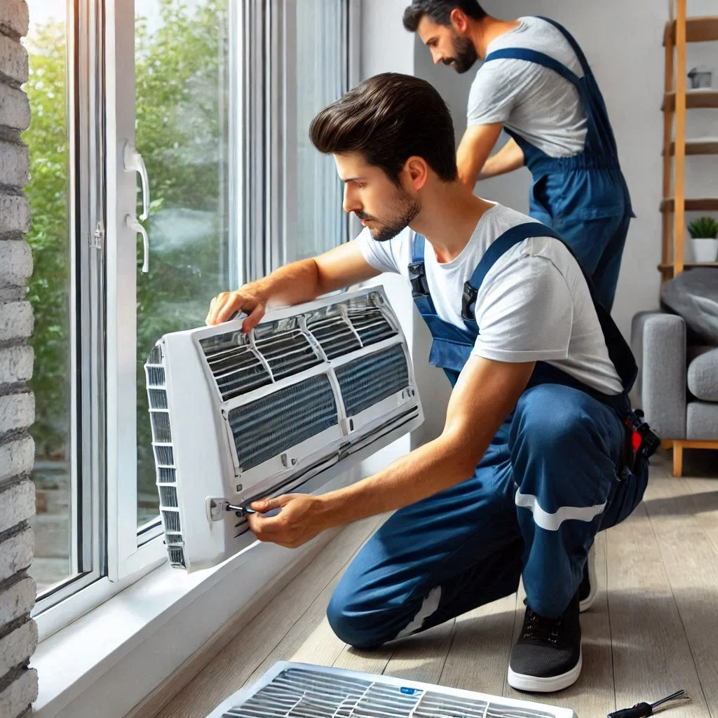 "An image of a technician removing a window air conditioner from a window for deep cleaning, showing the proper disassembly steps."