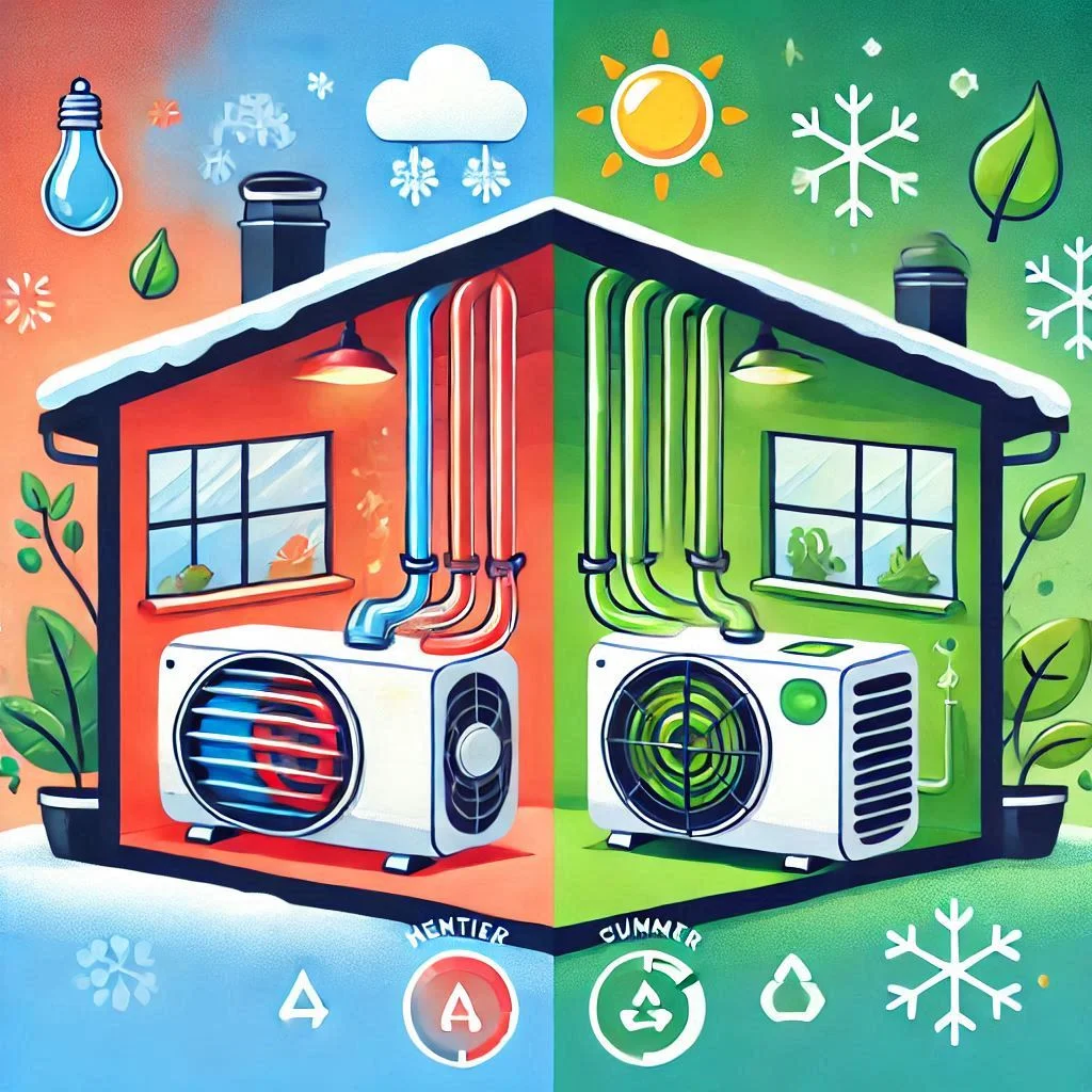 Illustration showing the versatility of a heat pump: One side showing heating in winter and the other side showing cooling in summer, with green energy symbols for environmental impact.