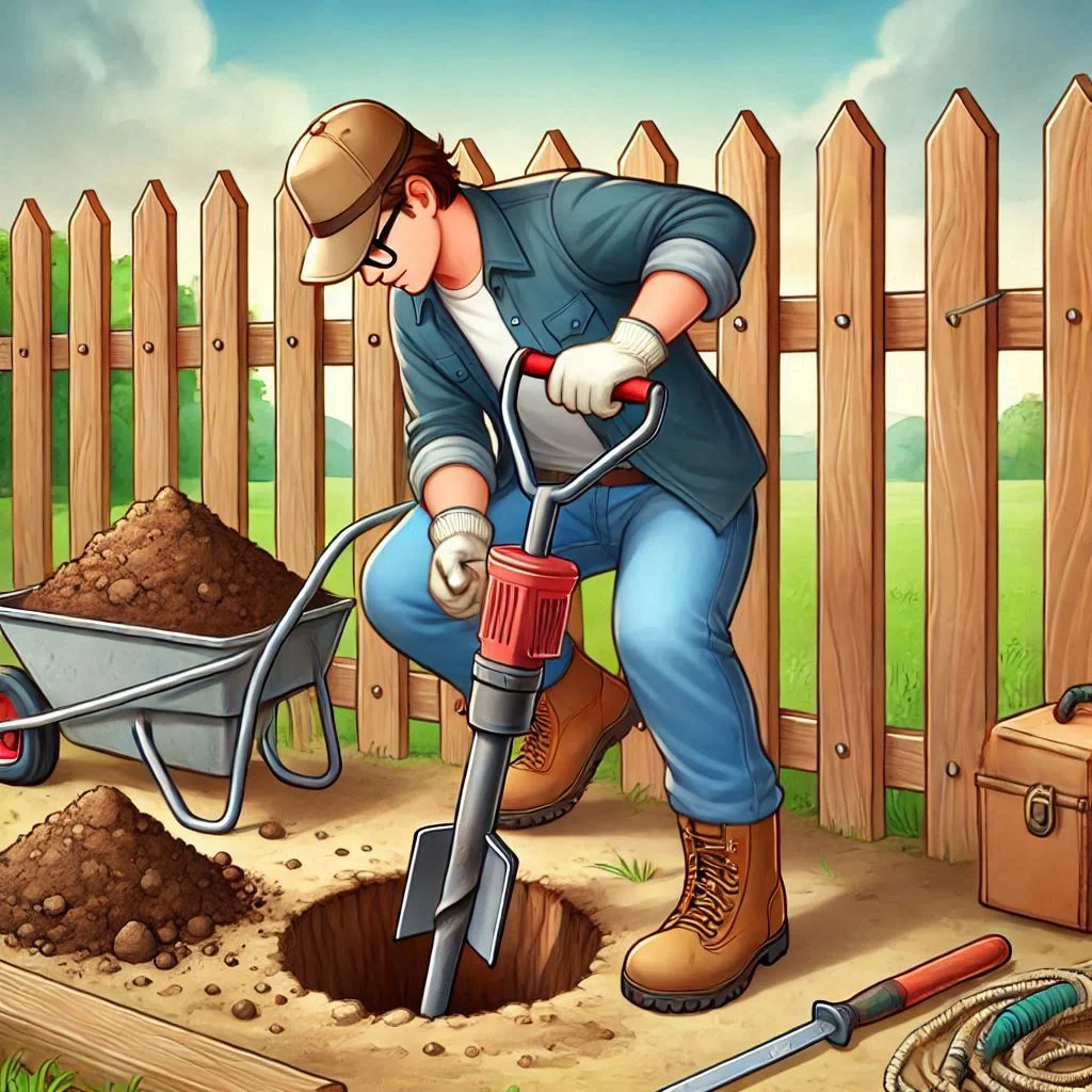 "A person using a post hole digger to dig a hole in the ground, preparing for the installation of a fence post, with a pile of dirt beside them."