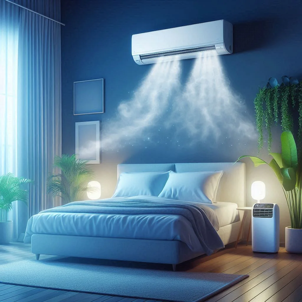 A serene bedroom with both an air purifier and an air conditioner running, symbolizing clean, cool, and fresh air for better sleep.