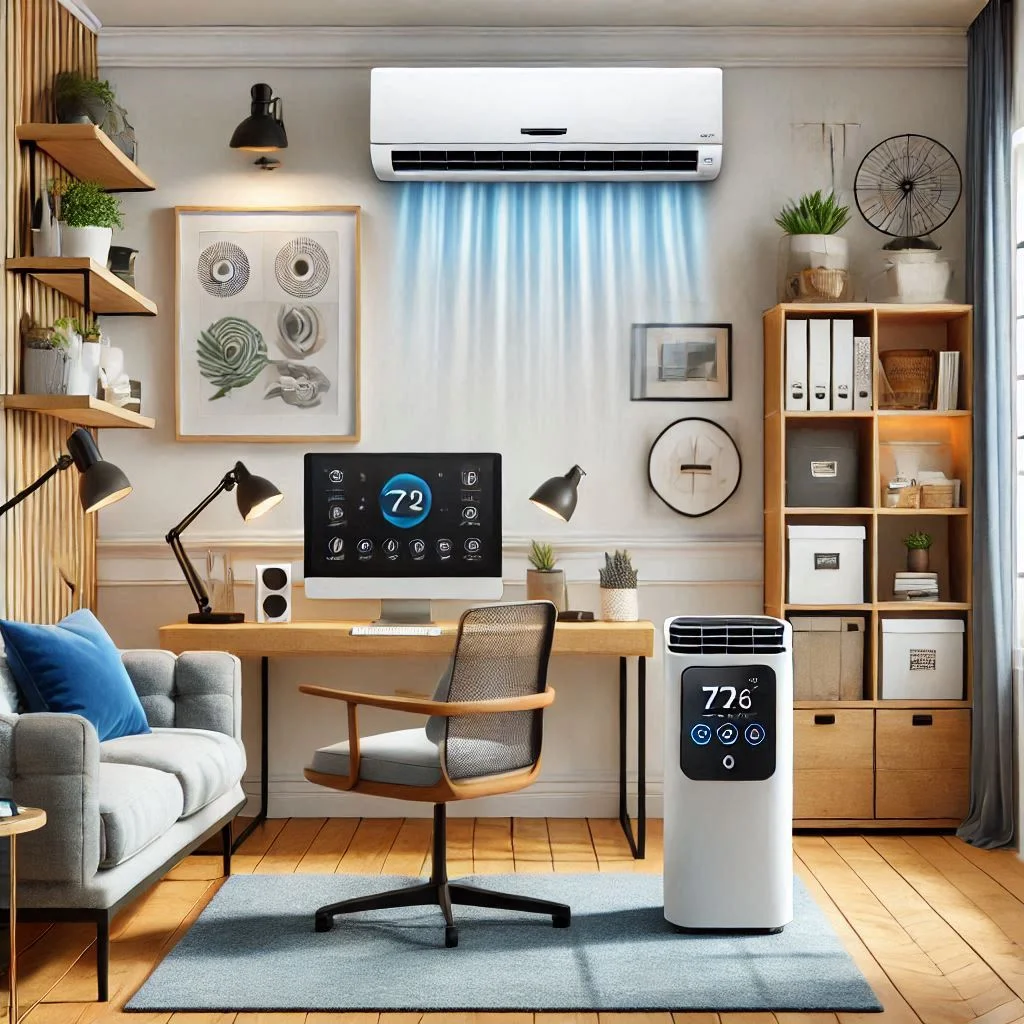 "TCL 5P08C Smart Portable Air Conditioner in a modern home office, highlighting its smart control features and compact size."