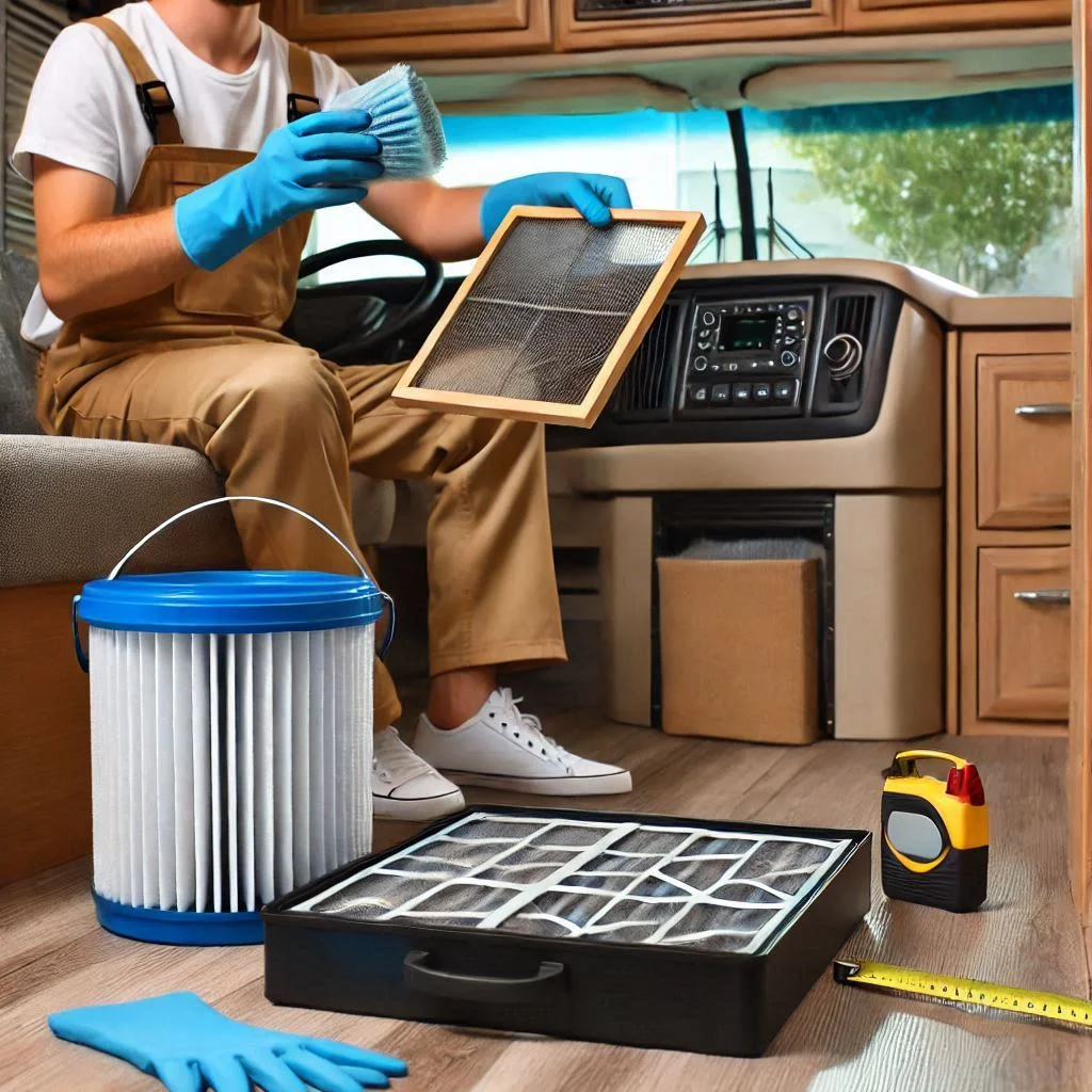 "Cleaning air filters of an RV air conditioning unit."