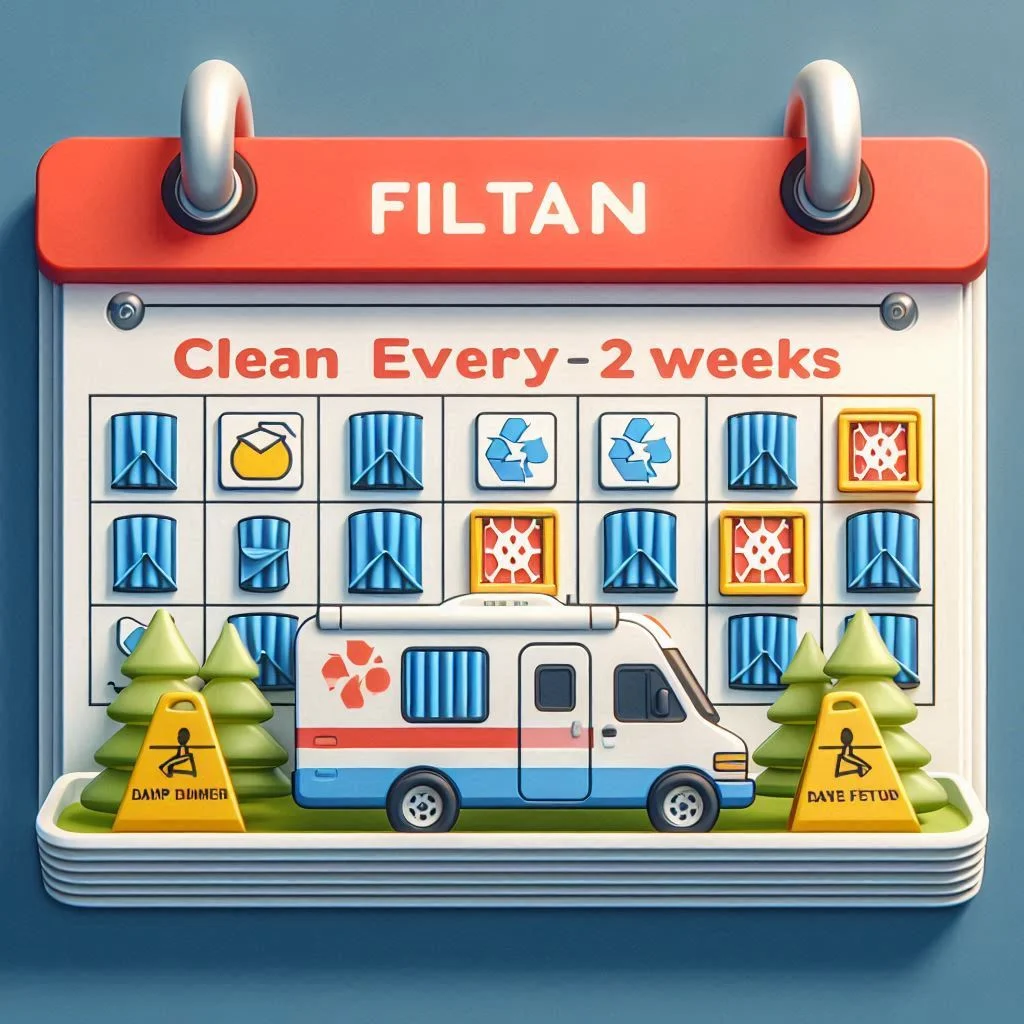 A graphic showing an RV AC filter cleaning schedule on a calendar, with “Clean Every 2-4 Weeks” highlighted.