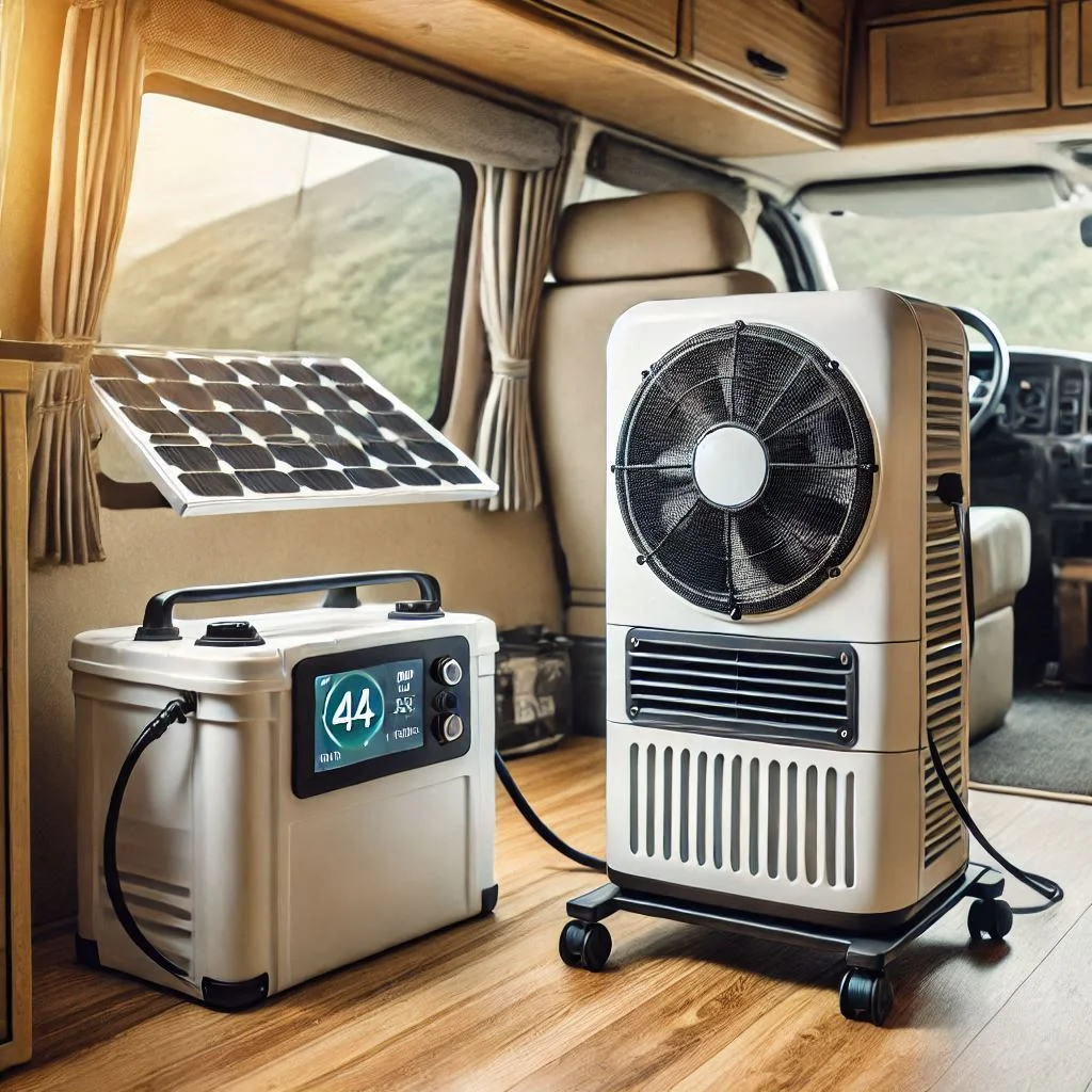 A portable AC unit running efficiently in a camper, powered by a small solar generator, with a battery pack in the background.