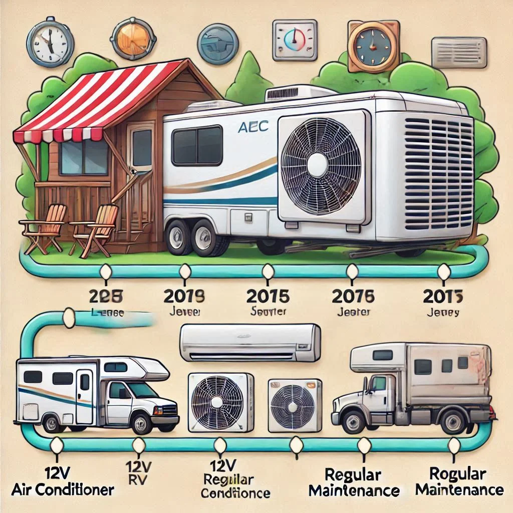 "A timeline graphic depicting the lifespan of a 12V RV air conditioner with regular maintenance milestones."