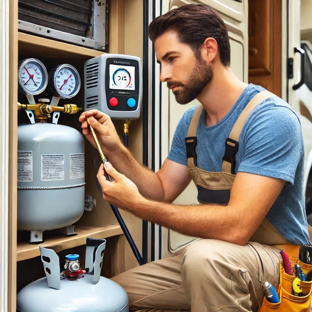 "A detailed image showing the location of the refrigerant port on an RV air conditioner, with a technician connecting the refrigerant gauge to assess and recharge the system."