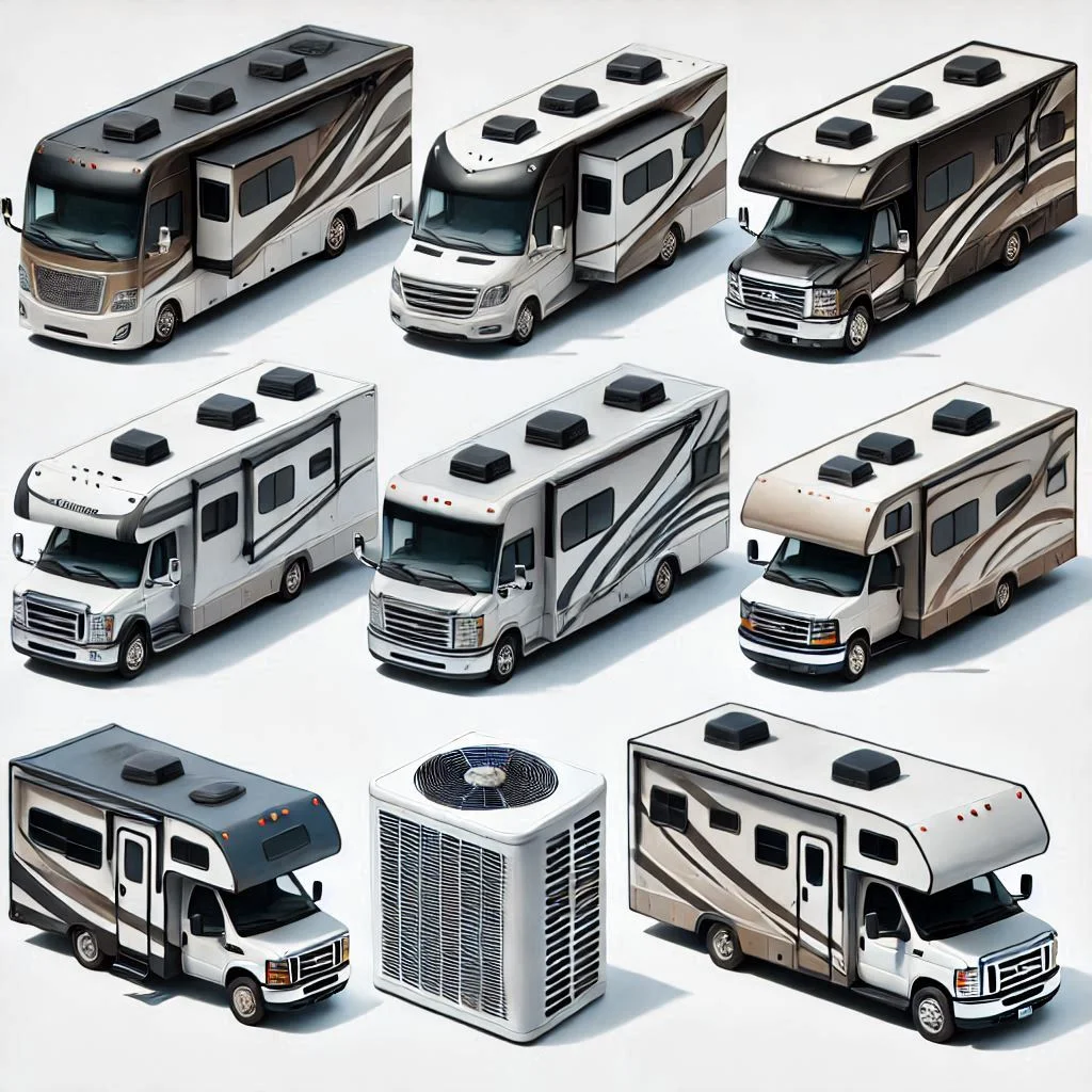 A lineup of different RV types (Class A, Class B, Class C motorhomes, and travel trailers), with a 13500 BTU air conditioner highlighted for compatibility.