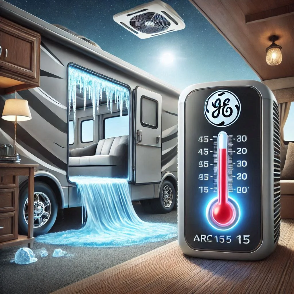 "A visual representation of the GE® ARC15 RV Air Conditioner’s cooling power, with a thermometer inside the RV showing a cool and comfortable temperature, indicating the unit’s effectiveness even in hot weather."