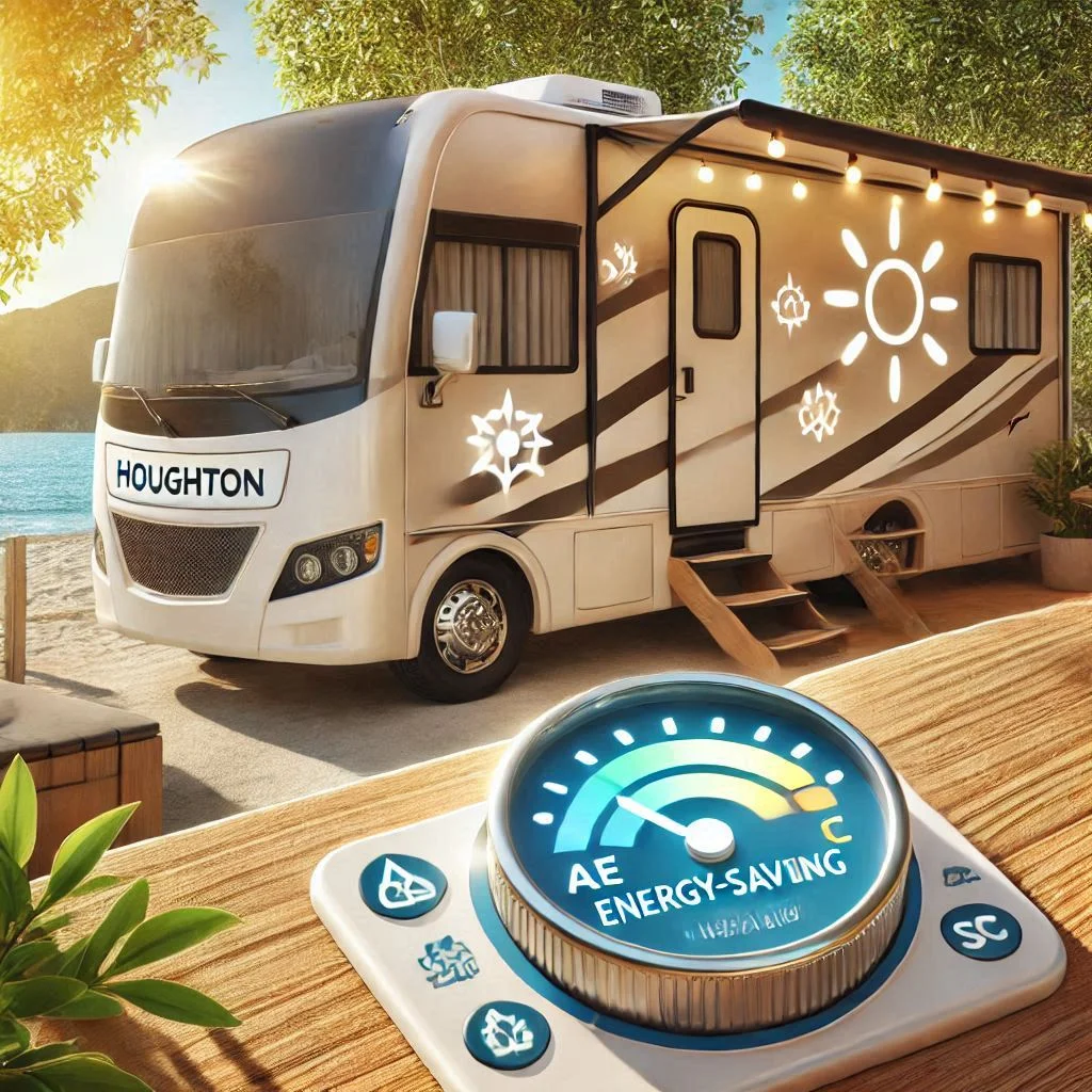 "A visual of a Houghton RV air conditioner with a power-saving icon or meter showing low energy consumption. The image should emphasize energy-efficient features, with a focus on the eco-friendly aspects of the unit in a sunny, outdoor setting."