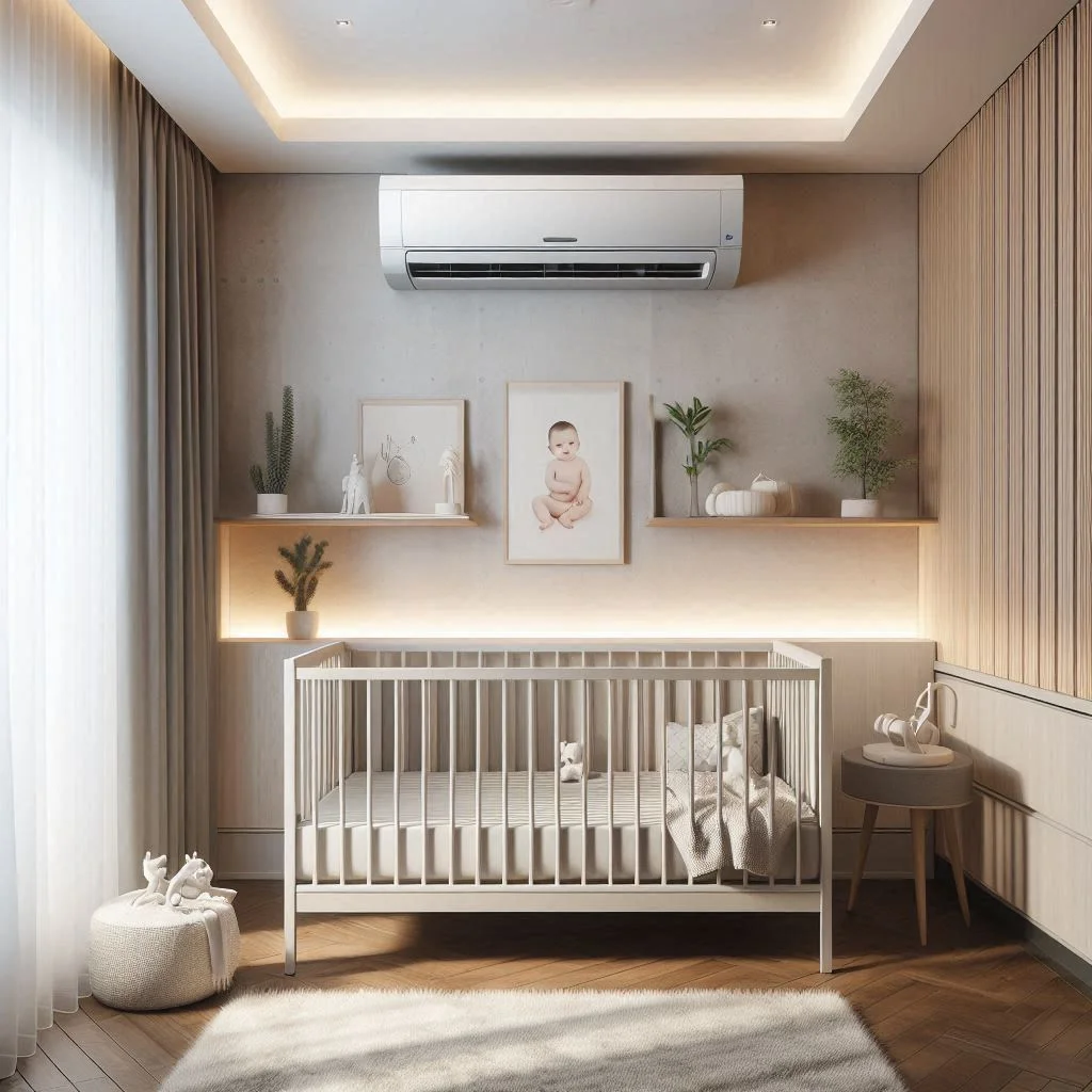 A sleek nursery with a ductless mini-split system mounted high on the wall, cooling the room quietly and effectively.