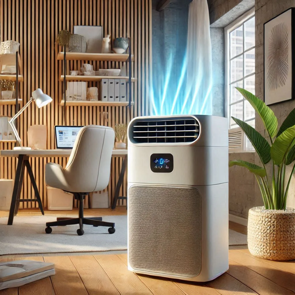 "DeLonghi PAC-UV Portable Air Conditioner in a modern home office, showing the UV light feature with cool air flow."