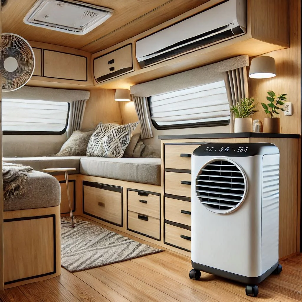 A modern camper interior with a lightweight, portable air conditioner placed on a countertop, cooling the space efficiently.