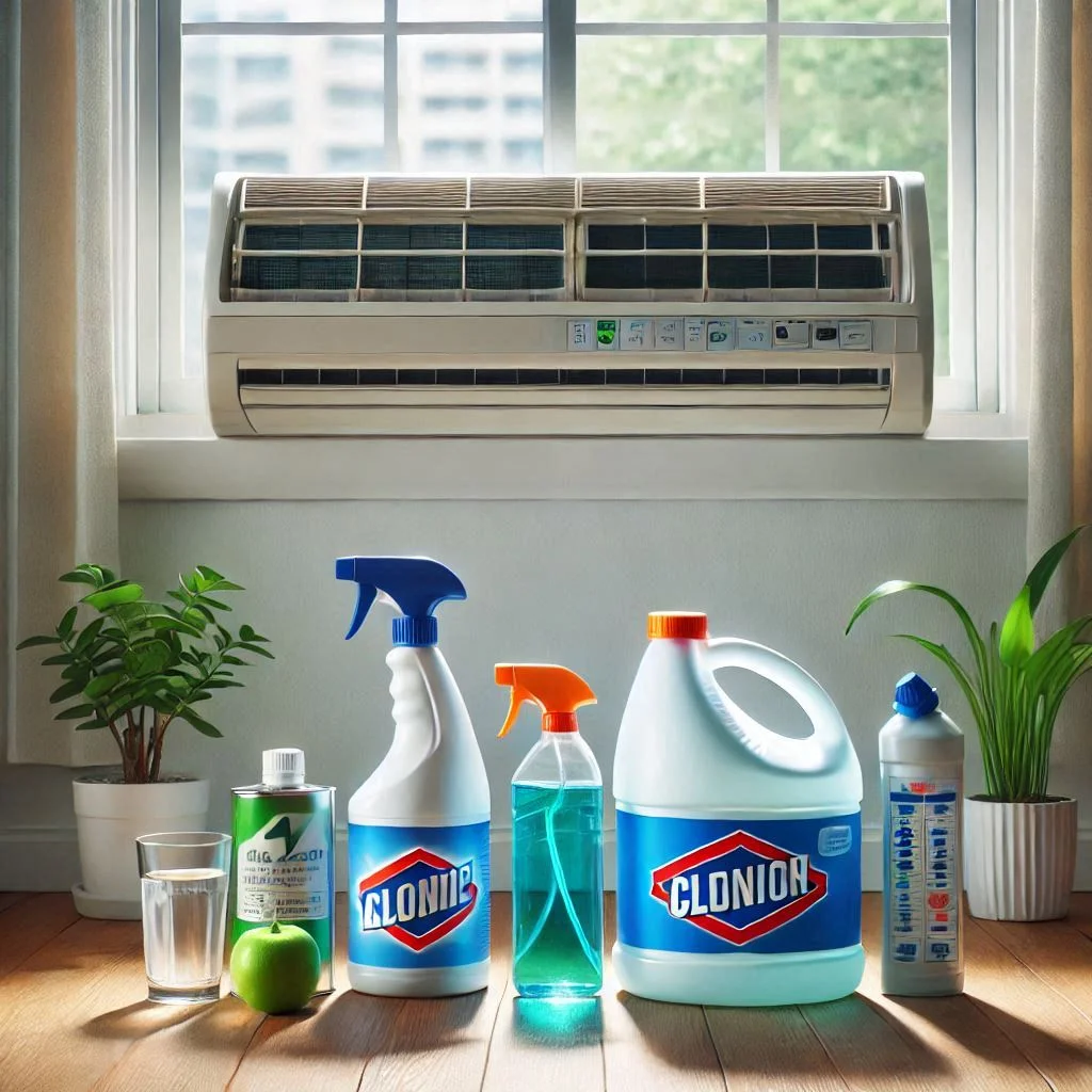 "An image of chemical-based cleaners, such as bleach and ammonia, next to a window air conditioner, illustrating the use of these cleaning solutions."