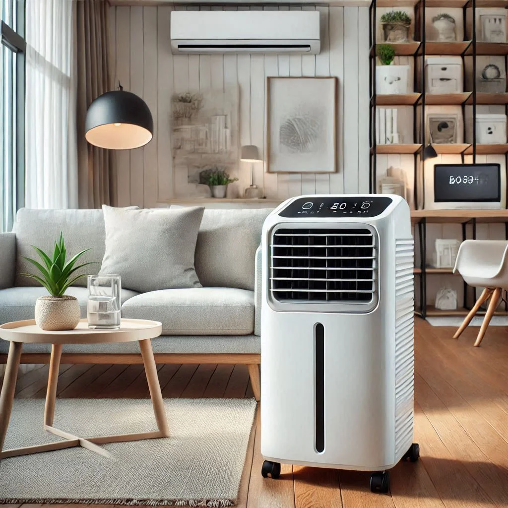 "BLACK+DECKER BPACT08WT Portable Air Conditioner in a small living room or bedroom, emphasizing its compact size and cooling power."