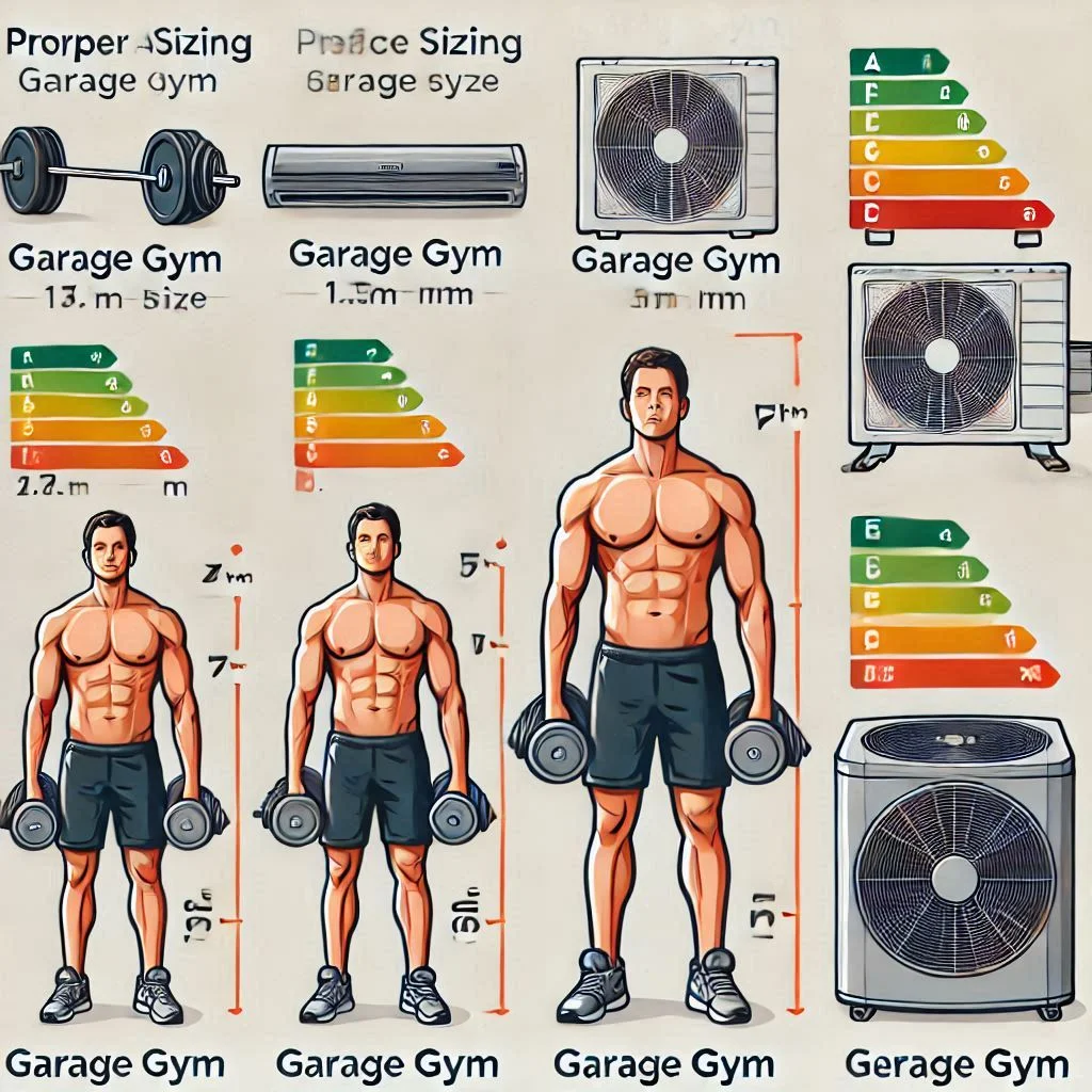 A diagram showing the proper AC sizing for different garage gym sizes, with energy efficiency indicators for each unit.