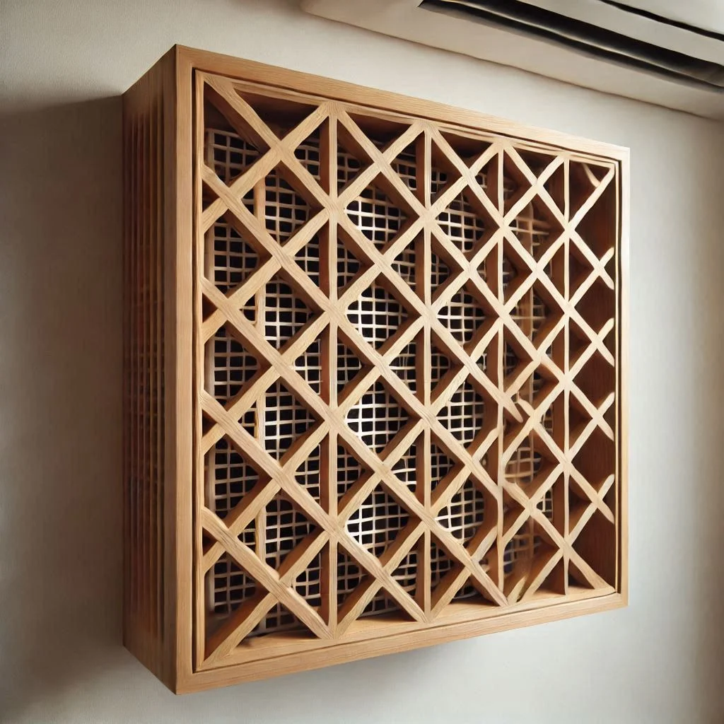 A wooden AC cover with lattice panels, showing gaps for ventilation.