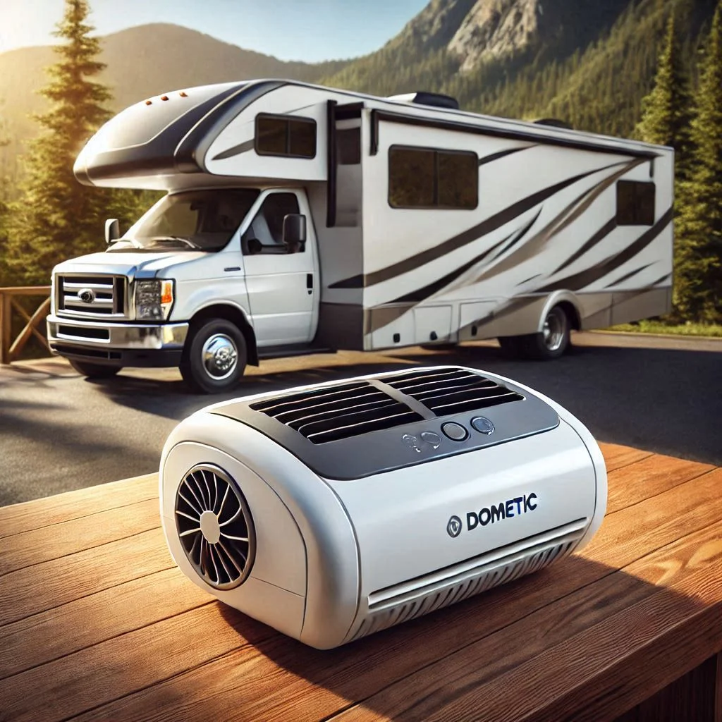 A photo of a modern Dometic RV air conditioner installed on top of an RV, showing the sleek design and cooling vents. The background should include an RV parked in a scenic, sunny location.