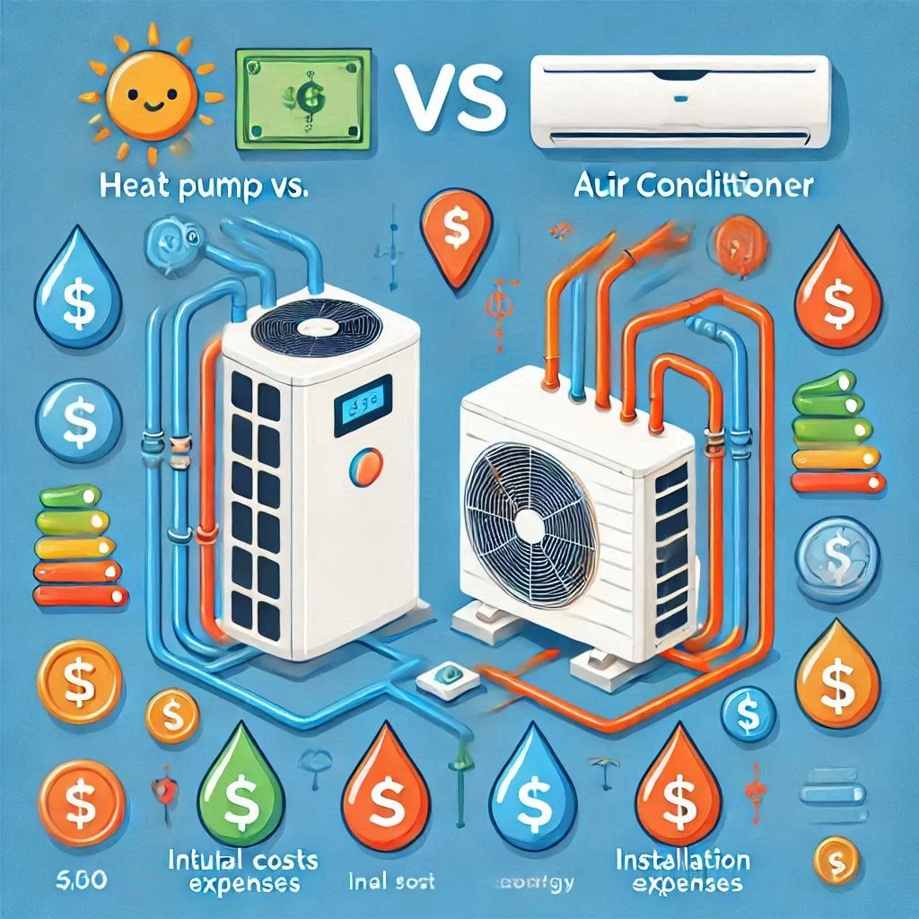 A comparison graphic of a heat pump vs. air conditioner, highlighting the initial costs, installation expenses, and potential savings on energy bills.