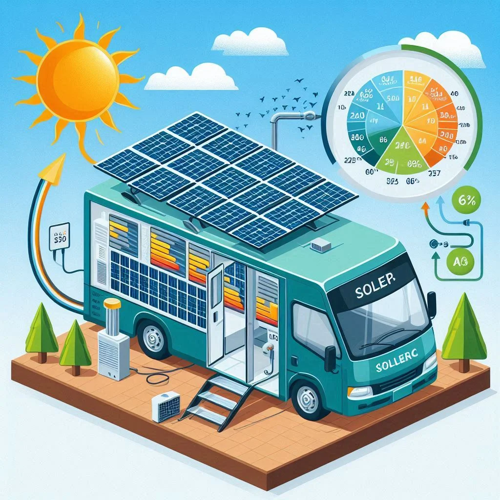 Diagram comparing energy consumption between a solar-powered air conditioner and a traditional AC in a camper van setup.