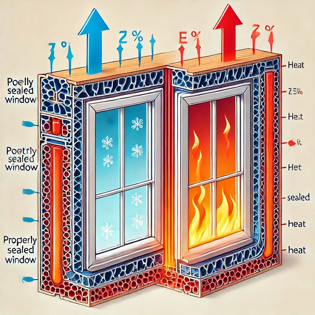 A graphic showing the cross-section of a poorly sealed window with arrows depicting heat entering the room, contrasted with a properly sealed window blocking heat.