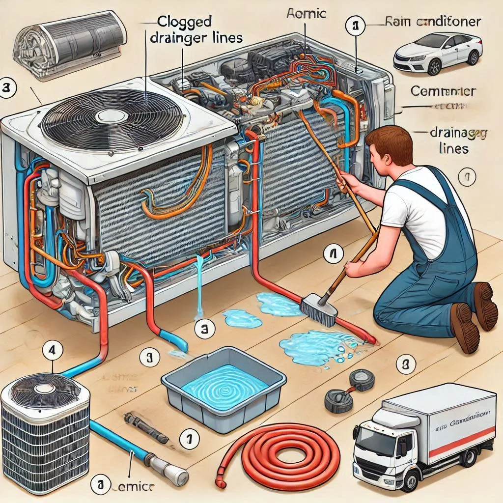 A person cleaning clogged drainage lines of an RV air conditioner, with labeled components for easy identification.