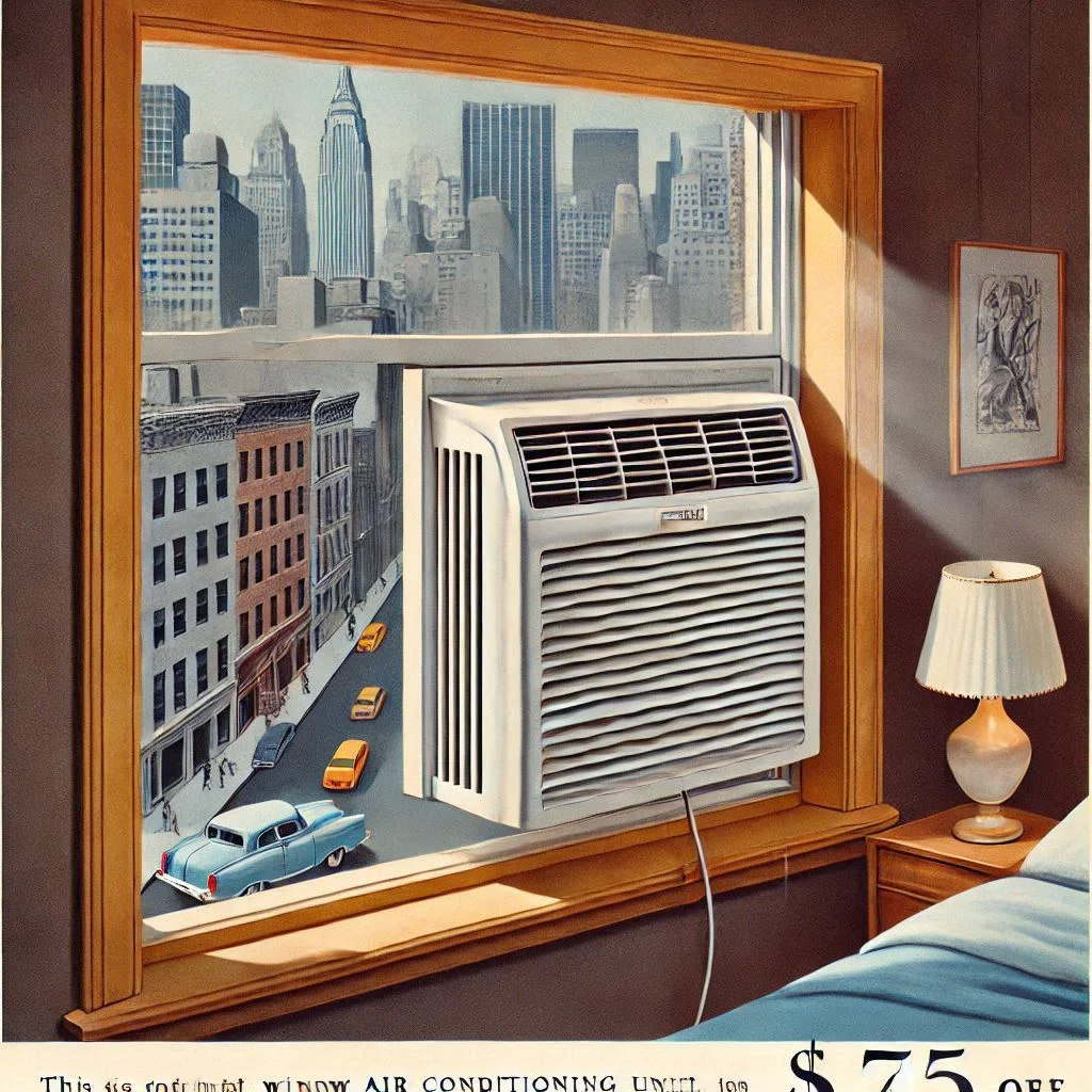 A 1960s advertisement showcasing a sleek, compact window air conditioning unit installed in a window, emphasizing the space-saving design and user-friendly features of these units.