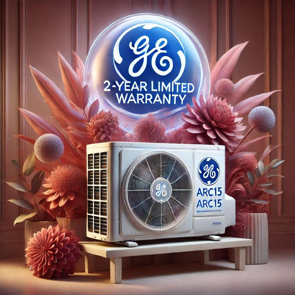 "A photo of a GE® ARC15 air conditioner with an image overlay displaying the 2-year limited warranty label, reassuring customers of the product’s long-term reliability."