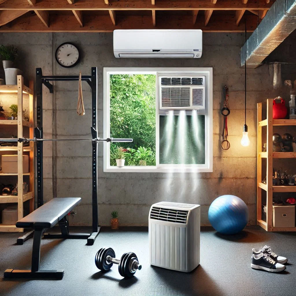 A window air conditioner installed in a garage window, cooling a small workout space with visible airflow.