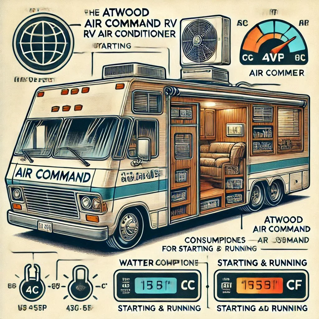 "An illustration showing the Atwood Air Command RV air conditioner with wattage consumption details for starting and running"