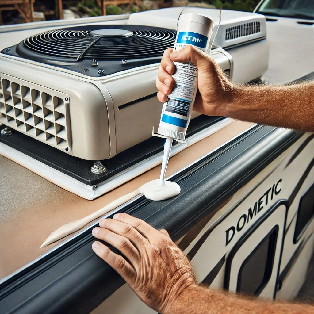 An image of a person applying sealant around the base of a mounted Dometic air conditioner on the roof of an RV, ensuring a waterproof seal. The image should focus on the application of the sealant and the tight fit of the air conditioner unit.