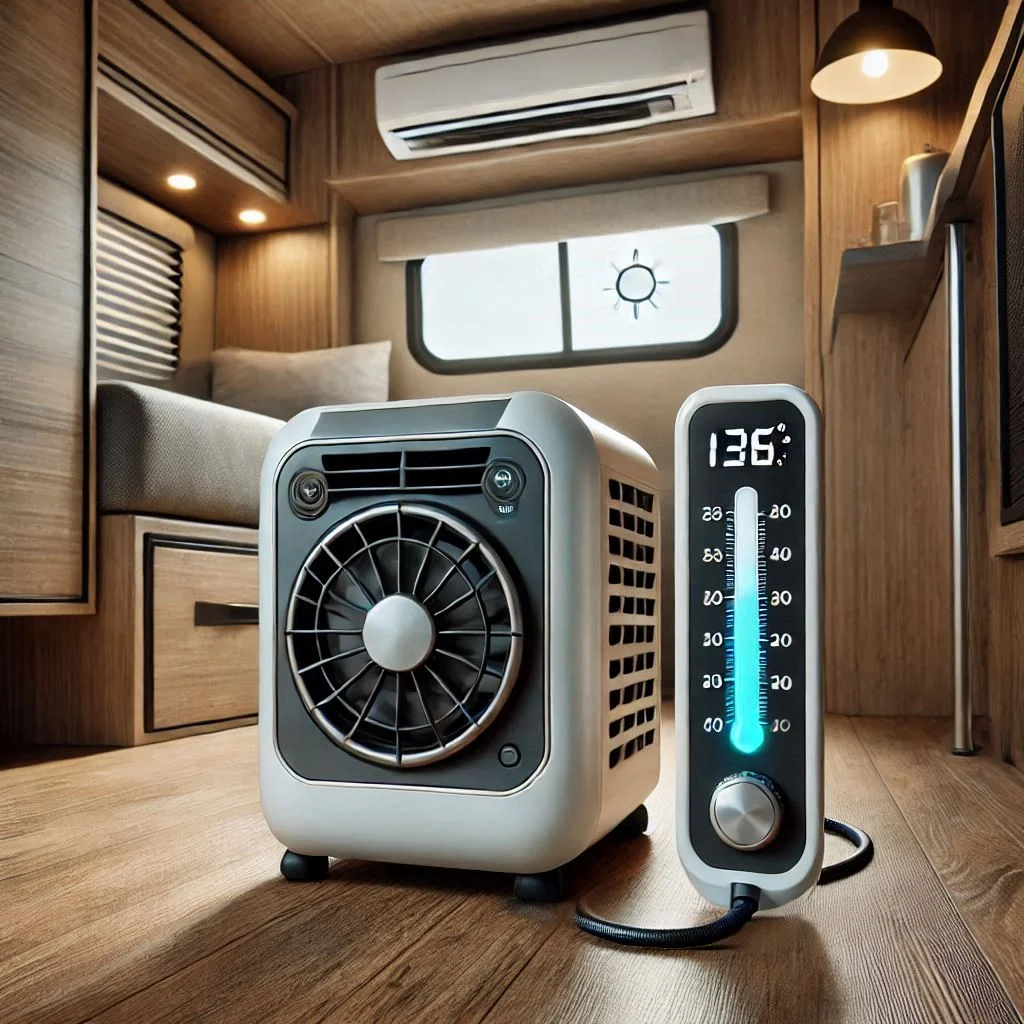 A portable AC unit undergoing a cooling performance test inside a compact camper, with a digital thermometer showing temperature reduction.